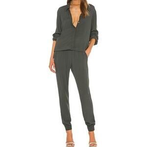 Monrow Crepe Long Sleeve Jumpsuit Collared Button Up Elastic Waist Gray XS
